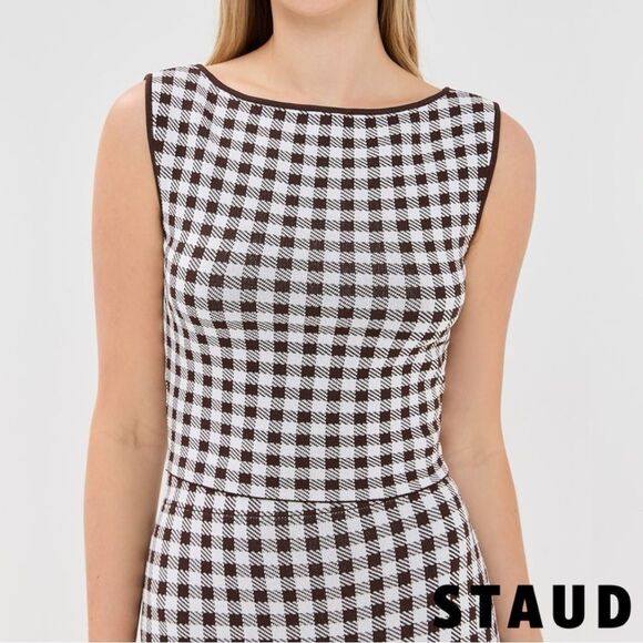 STAUD **NWT** Montgomery Cropped Knit Tank in Chocolate Brown Gingham - Picture 10 of 14